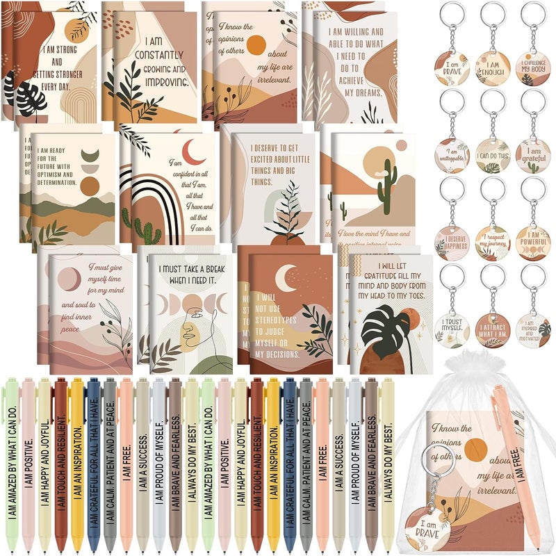 Mooliwe 72 Pcs/24 Set Positive Affirmation Gift Set Gratitude Notebooks with Pens Acrylic Keychains Small Bags Motivational Notepads for Women Coworkers Christmas Adults Party Favors (Boho) - Image 1